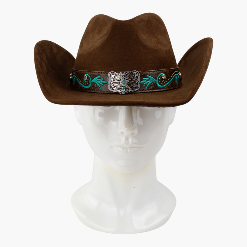 Rose-Embroidered Faux-Suede Western hat, front view of the Brown colorway showing the gold-tone beads flanking the concho