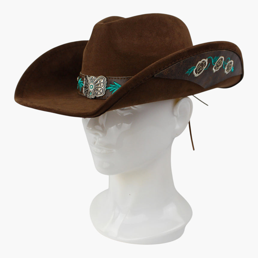 Rose-Embroidered Faux-Suede Western hat, Brown colorway at a three-quarter angle showing the chevron-cut edge of the panel