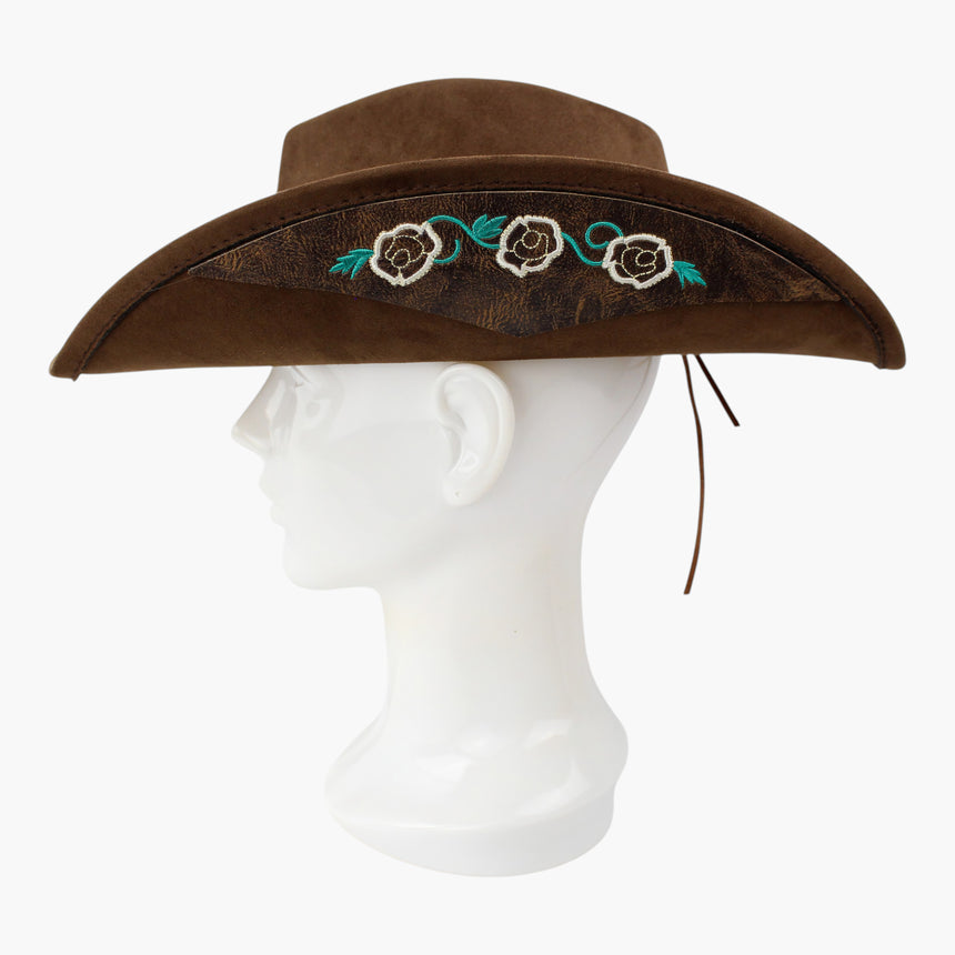 Rose-Embroidered Faux-Suede Western hat, Brown colorway in profile showing the turquoise-tone vines linking the roses