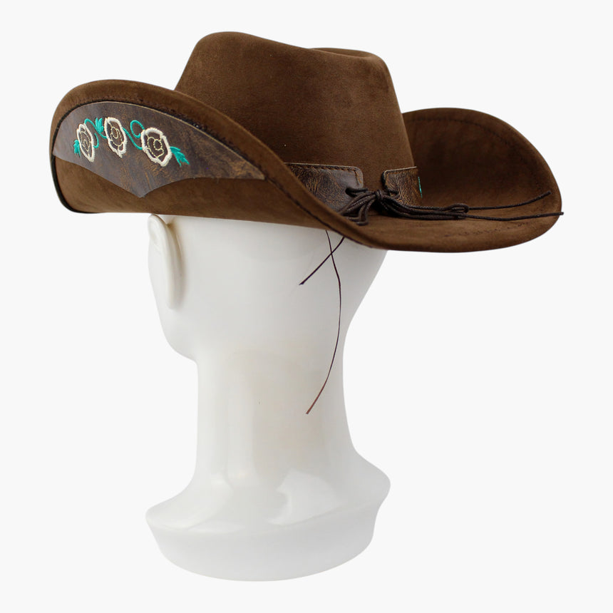 Rose-Embroidered Faux-Suede Western hat, Brown colorway at a rear three-quarter angle showing the plain back run of the band