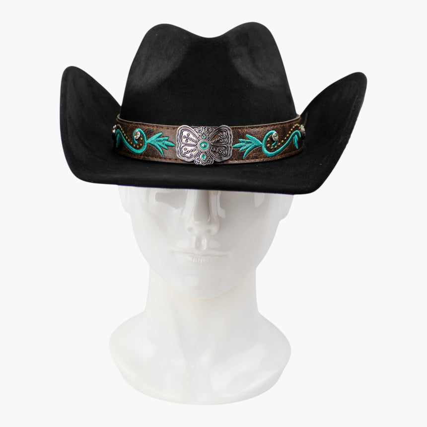 Rose-Embroidered Faux-Suede Western hat, front view of the Black colorway showing the turquoise-tone embroidery on black