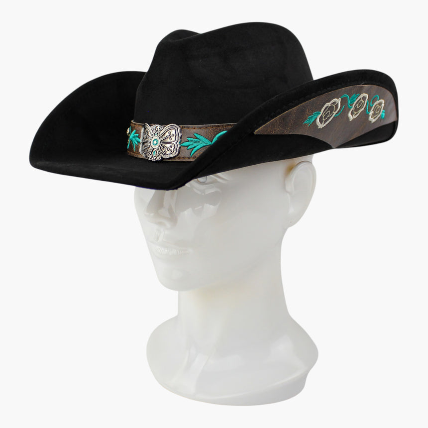 Rose-Embroidered Faux-Suede Western hat, Black colorway at a three-quarter angle showing the gold-tone bead trails