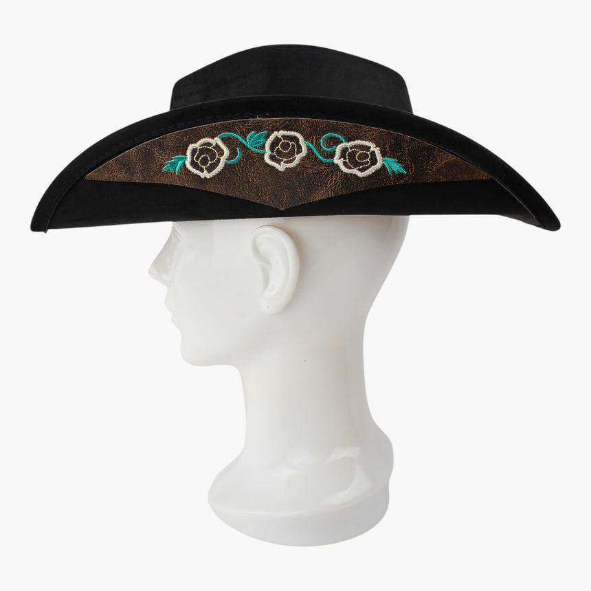 Rose-Embroidered Faux-Suede Western hat, Black colorway in profile showing the cream roses standing out on the black brim