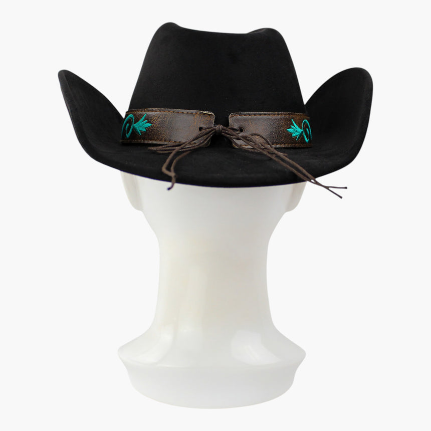 Rose-Embroidered Faux-Suede Western hat, back view of the Black colorway showing the long cord tails falling loose