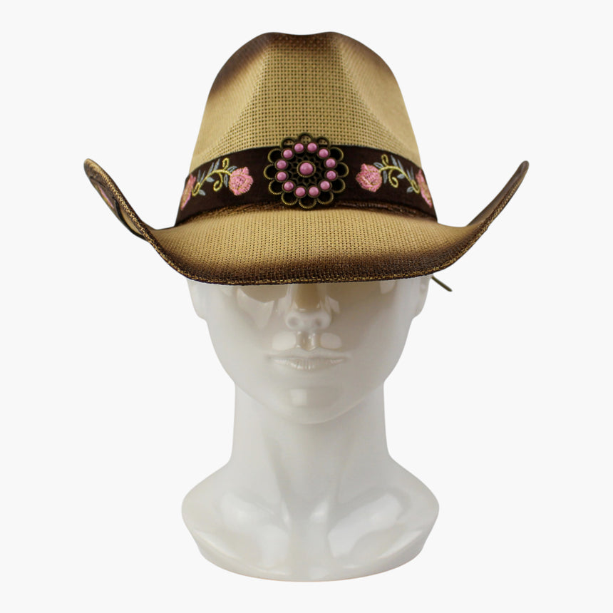 Rose-Vine Straw Western hat, front view of the Tan colorway showing the gold-tone openwork flower concho