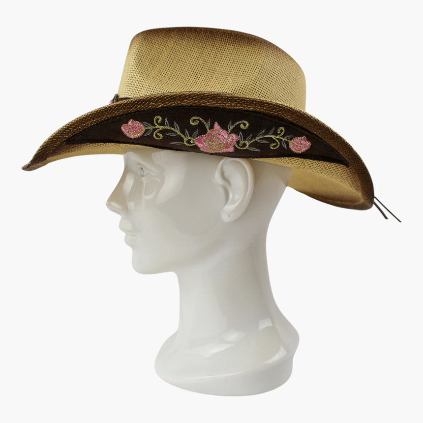 Rose-Vine Straw Western hat, Tan colorway in profile showing the pink rose and green vine embroidery along the band
