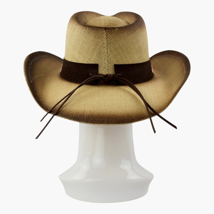 Rose-Vine Straw Western hat, back view of the Tan colorway showing the plain band ends laced with the cord tie bowed behind