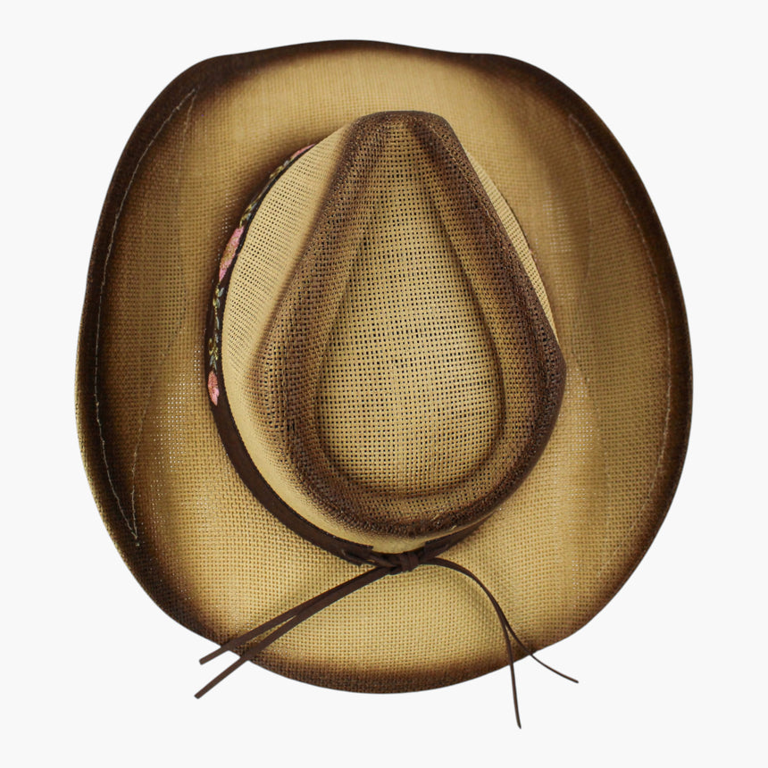 Rose-Vine Straw Western hat, Tan colorway seen from above showing the pinch-front crease with the tie tails on the back brim