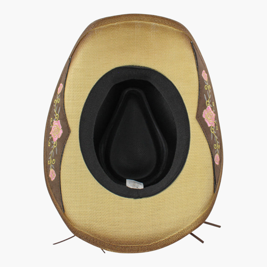 Rose-Vine Straw Western hat, underside of the Tan colorway showing the black sweatband ring and the interior care label