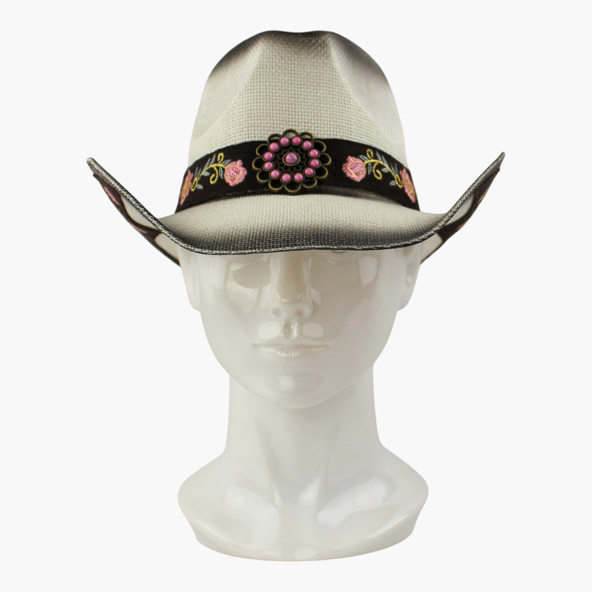 Rose-Vine Straw Western hat, front view of the Ivory colorway showing the beaded flower concho at the band front