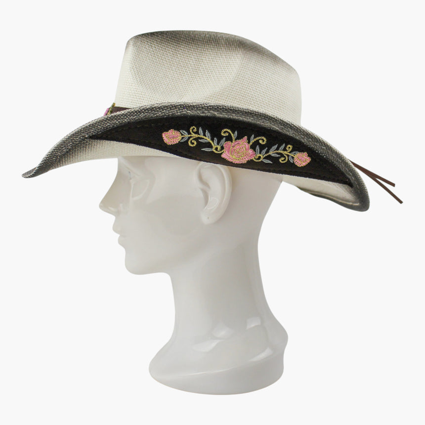 Rose-Vine Straw Western hat, Ivory colorway in profile showing the rose-and-vine embroidery against the smoky burn