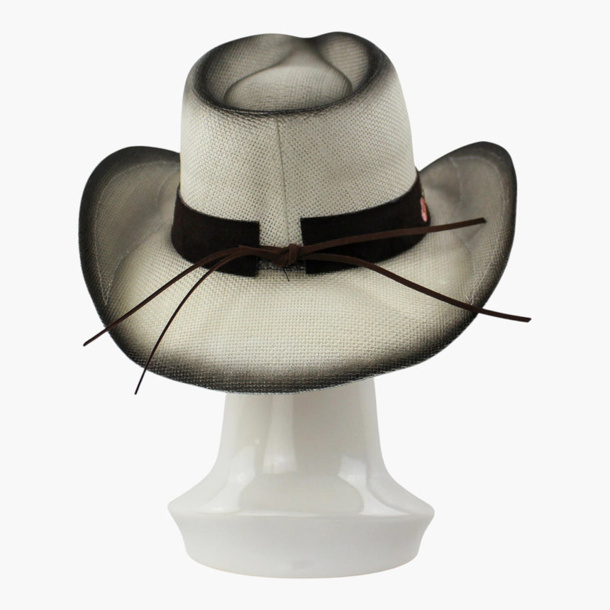 Rose-Vine Straw Western hat, back view of the Ivory colorway showing the cord tie bowed between the squared band ends