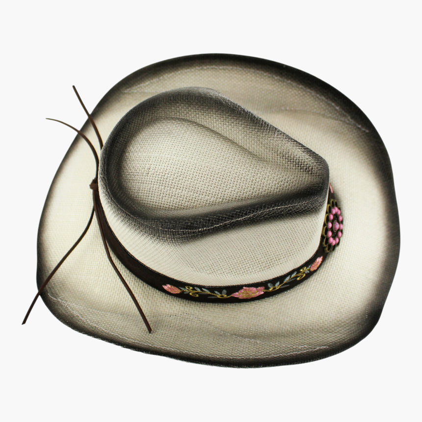Rose-Vine Straw Western hat, Ivory colorway seen from above showing the smoky gray burn feathering across crown and brim