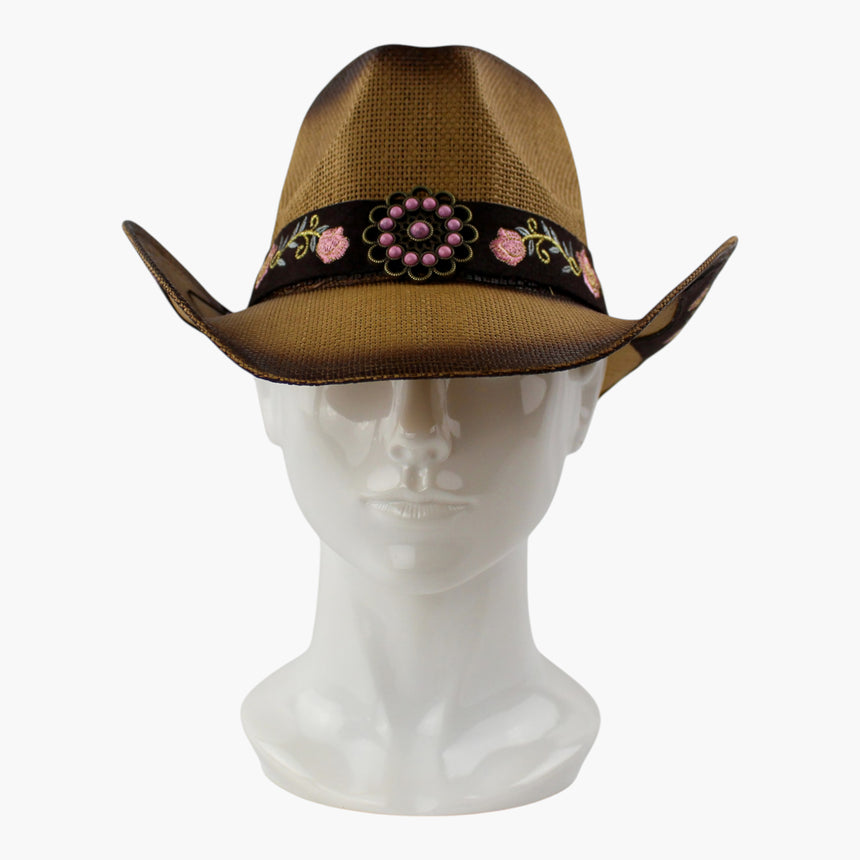Rose-Vine Straw Western hat, front view of the Camel colorway showing the concho and its pink-tone beads