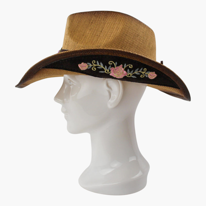 Rose-Vine Straw Western hat, Camel colorway in profile showing the run of rose blossoms and leaf sprigs along the band