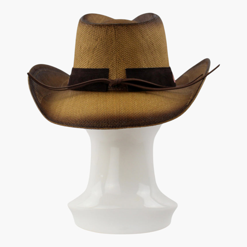 Rose-Vine Straw Western hat, back view of the Camel colorway showing the plain back panel and the knotted cord tie