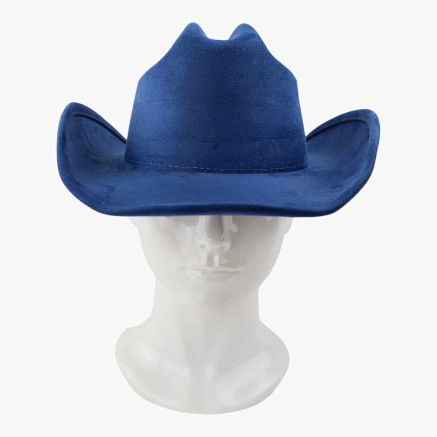 Royal-Blue Faux-Suede Western hat, front view showing the crease dead-on and the brim dipped at center front