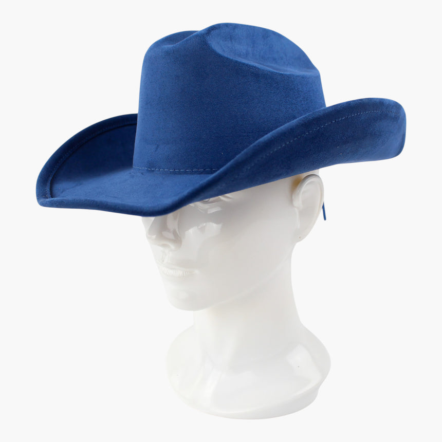 Royal-Blue Faux-Suede Western hat, at a three-quarter angle showing the brim rolling up on one side as the crown front holds