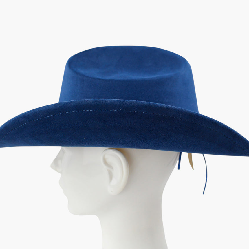 Royal-Blue Faux-Suede Western hat, in profile showing the adjuster cord hanging behind the ear under the brim