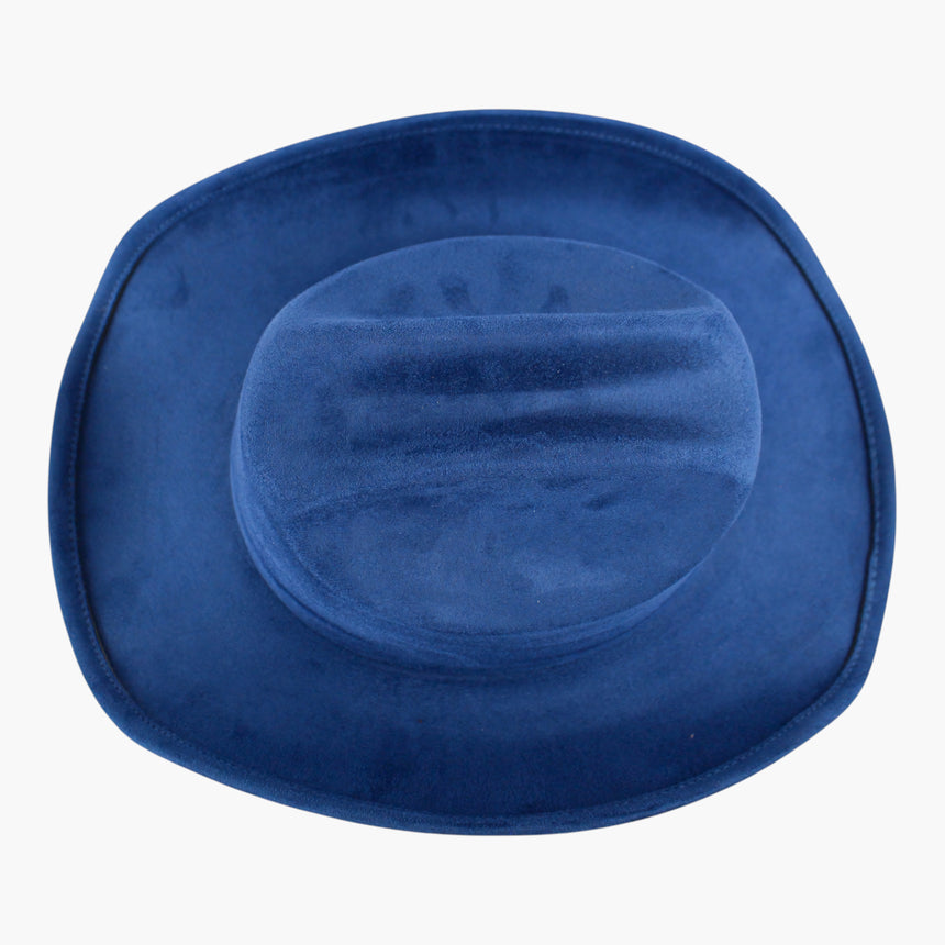 Royal-Blue Faux-Suede Western hat, seen from above showing the crease channel between its two side dents
