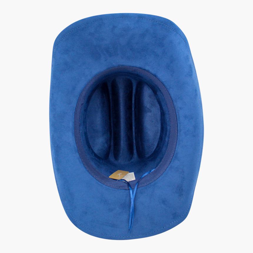 Royal-Blue Faux-Suede Western hat, underside showing the adjuster cord gathered under the sweatband at the back