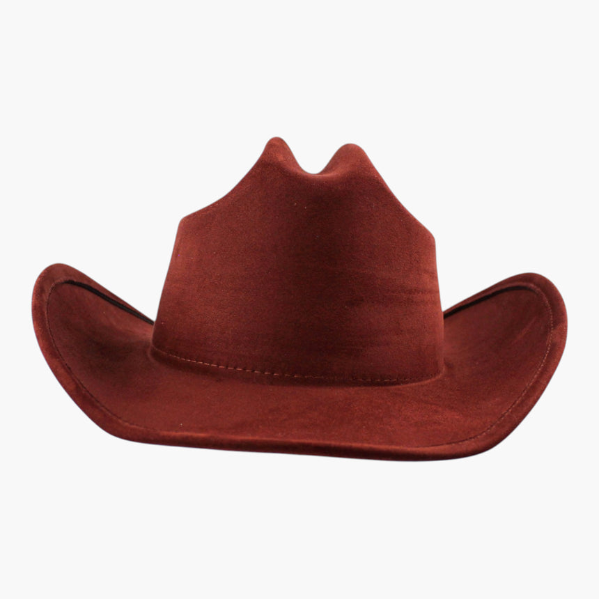 Rust Faux-Suede Western hat, front view showing the cattleman crease and the full curled brim