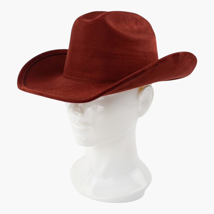 Rust Faux-Suede Western hat, at a three-quarter angle showing the far side of the brim lifting clear of the crown