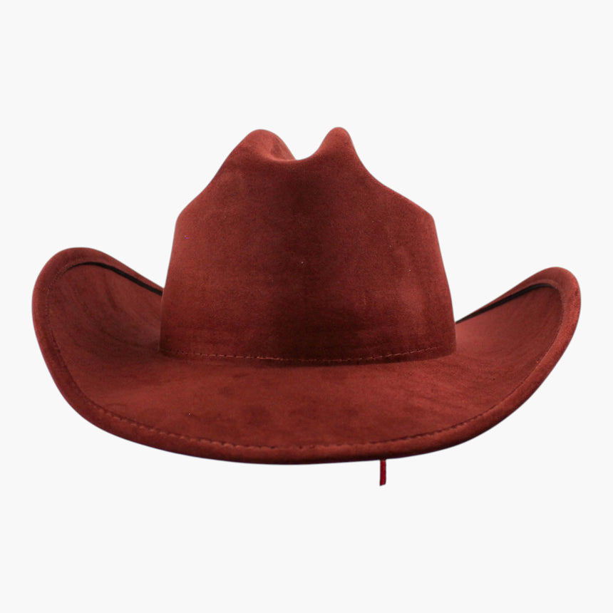 Rust Faux-Suede Western hat, back view showing the rose-tone adjuster cord tail hanging below the brim