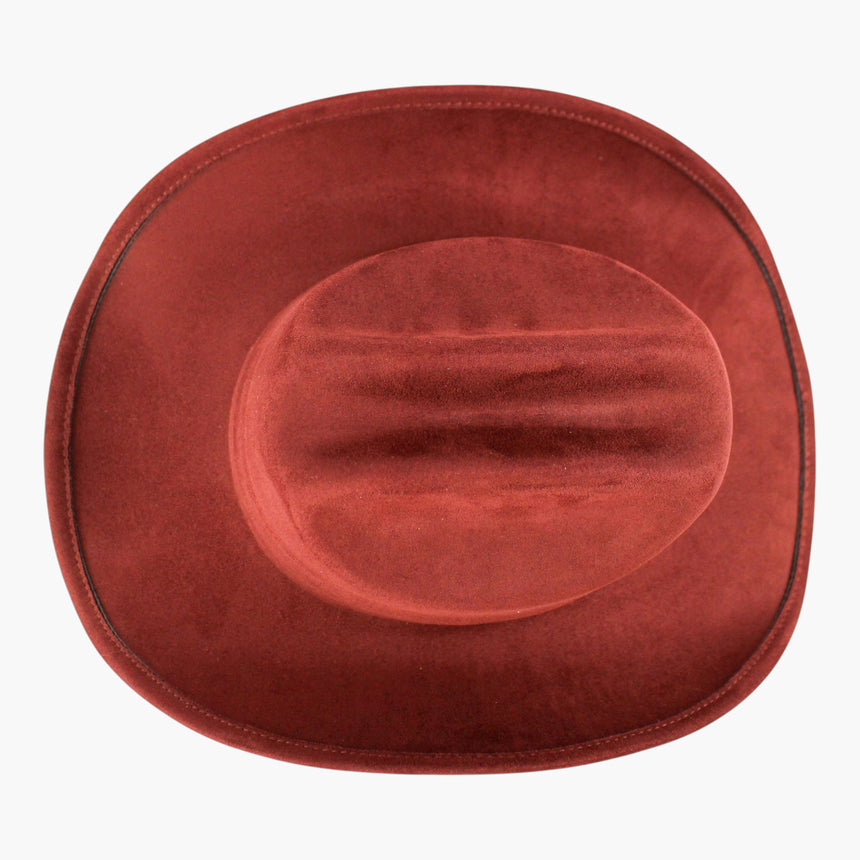 Rust Faux-Suede Western hat, seen from above showing the crease and its two dents seen straight down