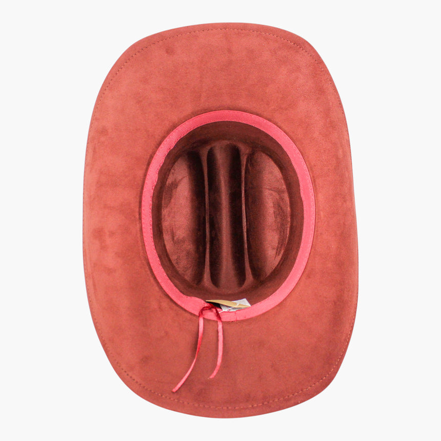 Rust Faux-Suede Western hat, underside showing the rose-tone sweatband and matching adjuster cord