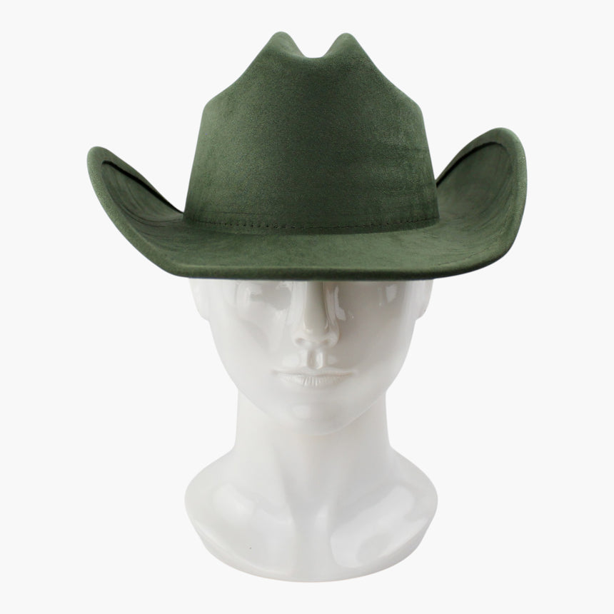 Sage-Green Faux-Suede Western hat, front view showing the crease peaks standing clear above the brim