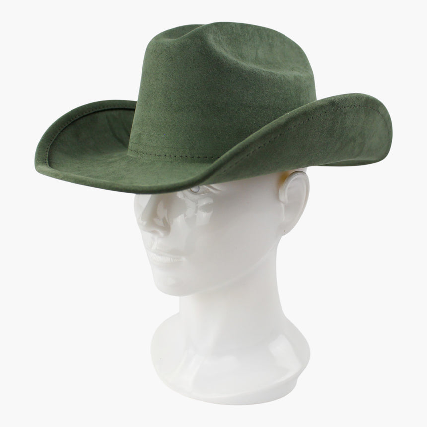Sage-Green Faux-Suede Western hat, at a three-quarter angle showing the brim rim rising toward the back on the turned side