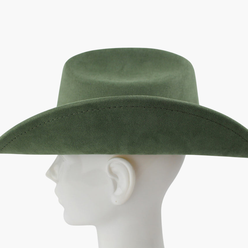 Sage-Green Faux-Suede Western hat, in profile showing the brim reading as a straight line with its stitched outer edge