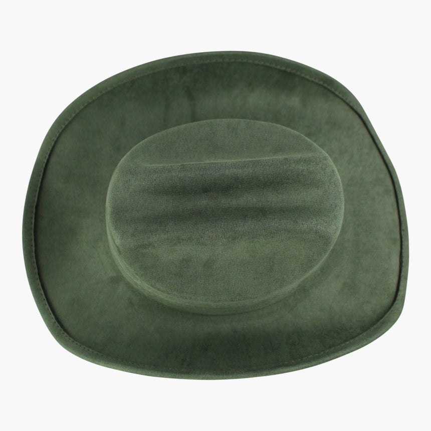Sage-Green Faux-Suede Western hat, seen from above showing the crease running the length of the crown top