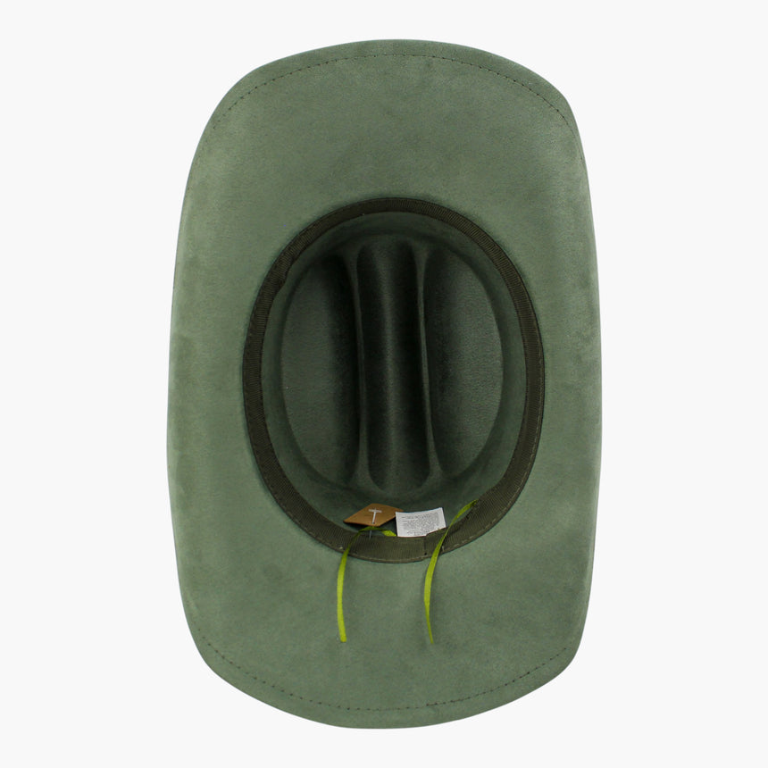 Sage-Green Faux-Suede Western hat, underside showing the sweatband with a bright chartreuse adjuster cord and the care label