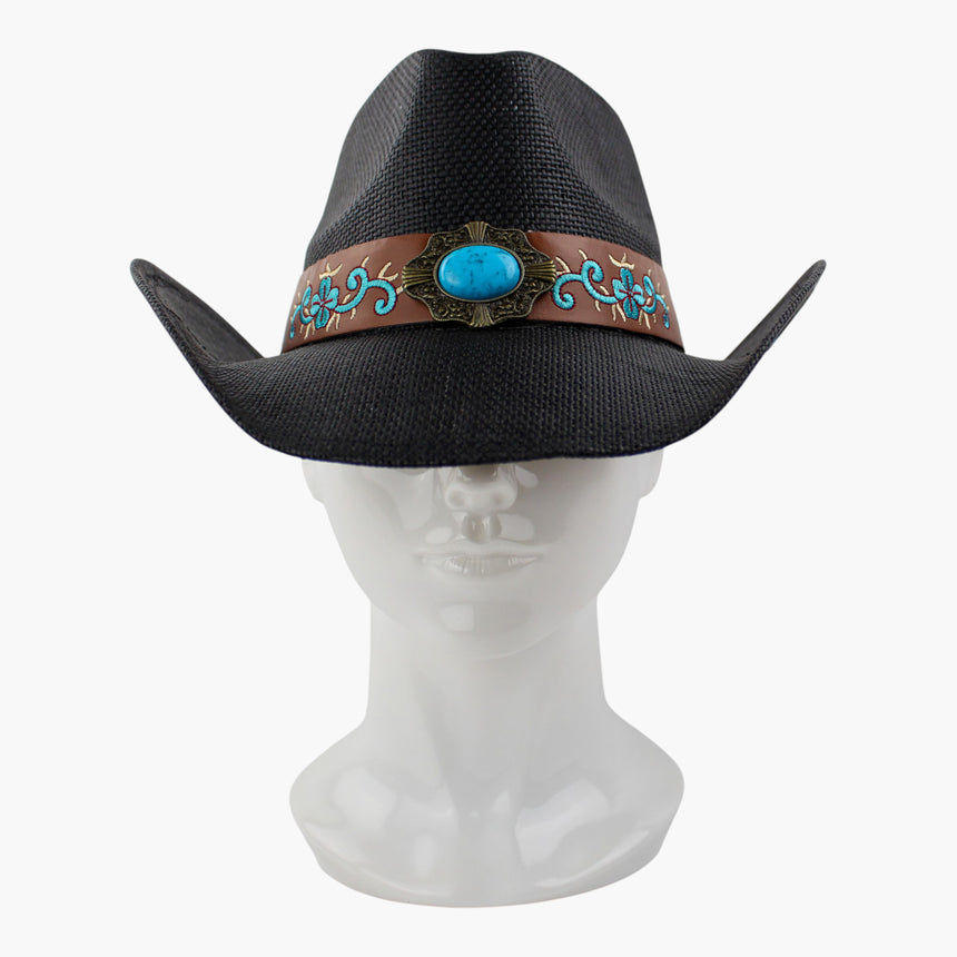 Scalloped-Plaque Straw Western hat, front view showing the scalloped plaque concho
