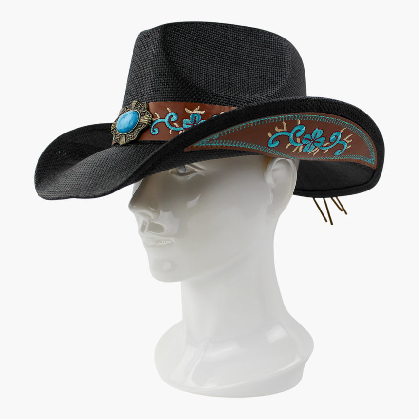 Scalloped-Plaque Straw Western hat, at a three-quarter angle showing the scrollwork on the caramel band