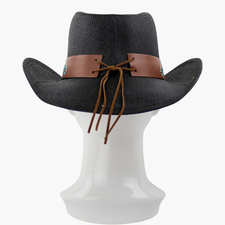 Scalloped-Plaque Straw Western hat, back view showing the squared band ends and the faux-suede tie bow