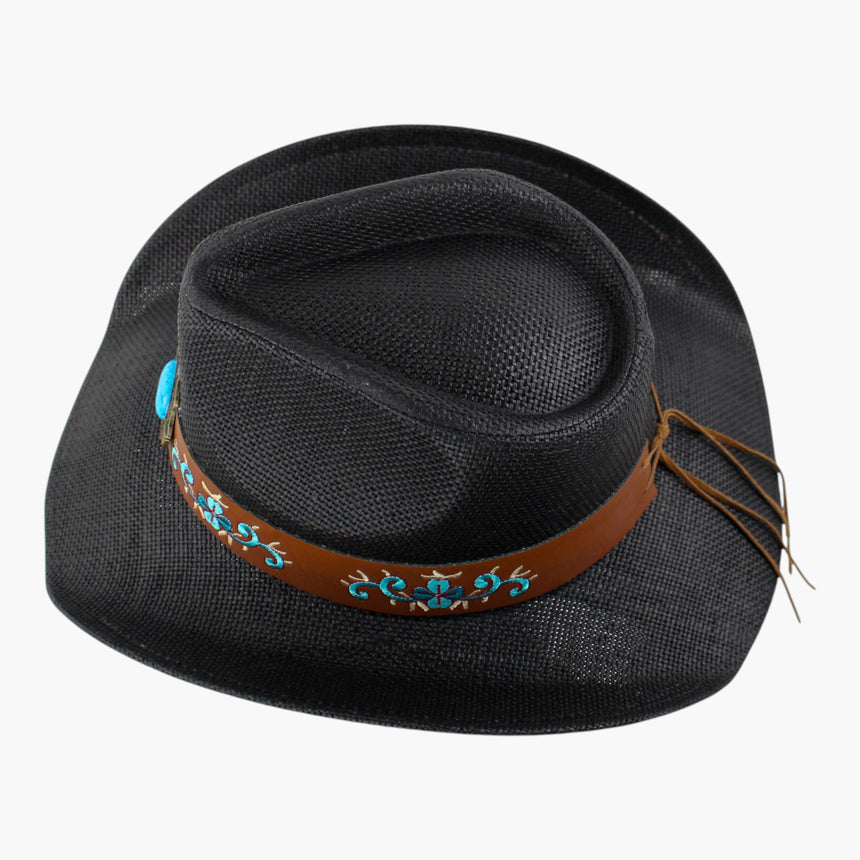 Scalloped-Plaque Straw Western hat, seen from above showing the crease and the embroidered band below it