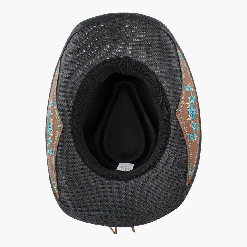 Scalloped-Plaque Straw Western hat, underside showing the sweatband ring and the interior care label