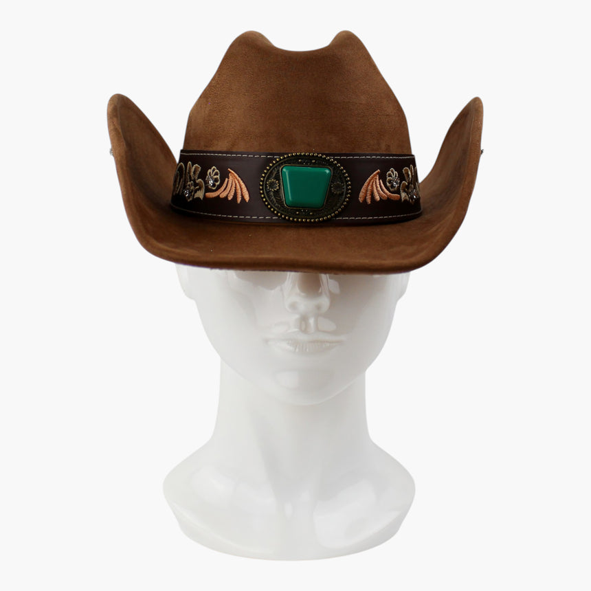 Scroll-Embroidered Faux-Suede Western hat, front view showing the antique gold-tone concho and its green-tone cabochon
