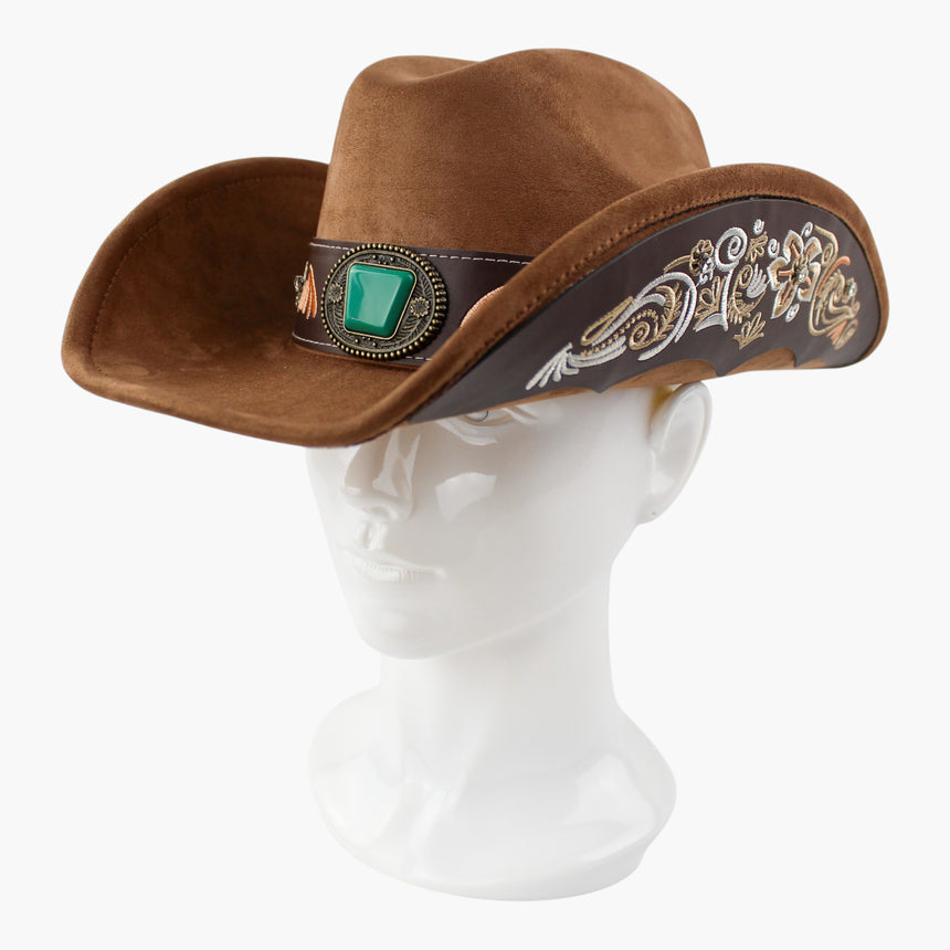 Scroll-Embroidered Faux-Suede Western hat, at a three-quarter angle showing the copper-tone and cream scroll embroidery