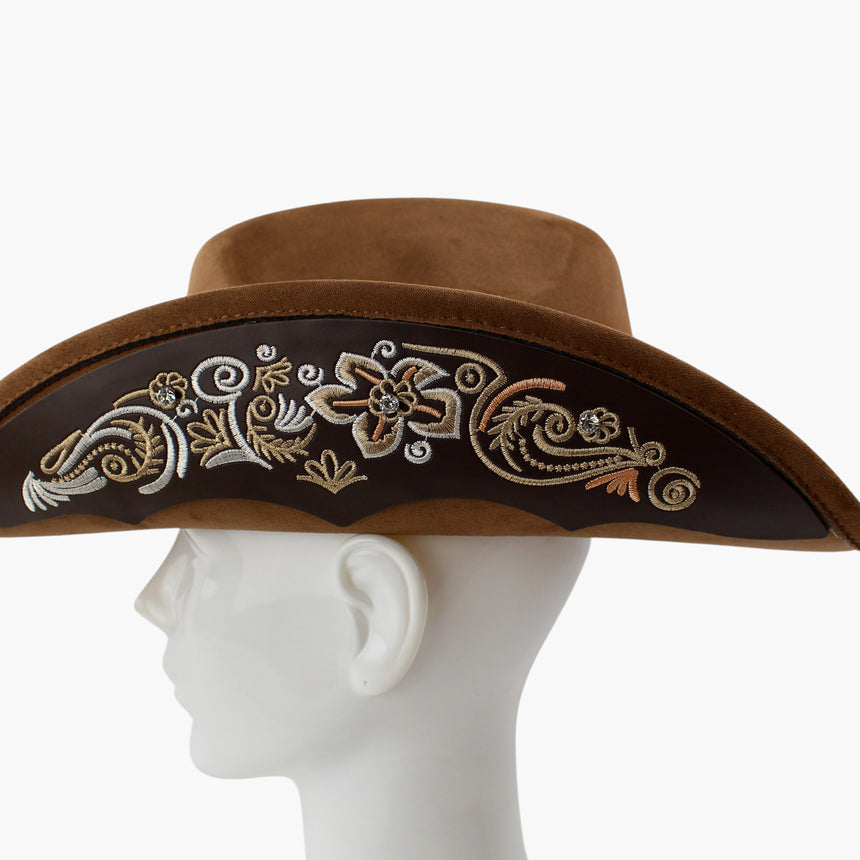 Scroll-Embroidered Faux-Suede Western hat, in profile showing the small clear rhinestone accents set into the scrollwork
