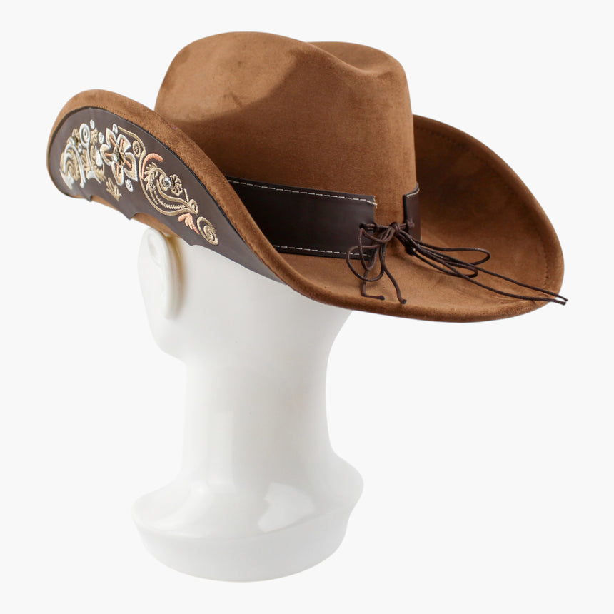 Scroll-Embroidered Faux-Suede Western hat, at a rear three-quarter angle showing the plain band ends behind the front panel