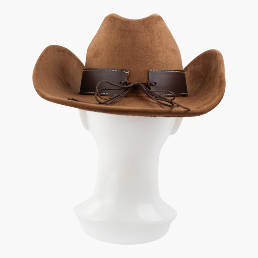 Scroll-Embroidered Faux-Suede Western hat, back view showing the brown cord tie bowed between the two plain band ends