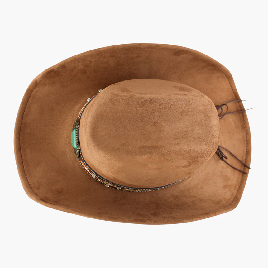 Scroll-Embroidered Faux-Suede Western hat, seen from above showing the concho reading edge-on from directly overhead