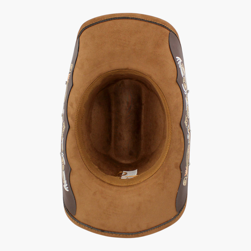 Scroll-Embroidered Faux-Suede Western hat, underside showing the sweatband and adjuster cord below the scalloped band edge