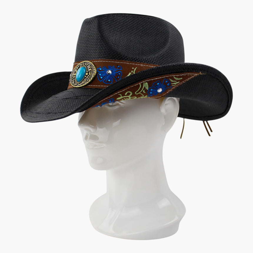 Scrolled-Concho Straw Western hat, at a three-quarter angle showing blue florals set with small rhinestones