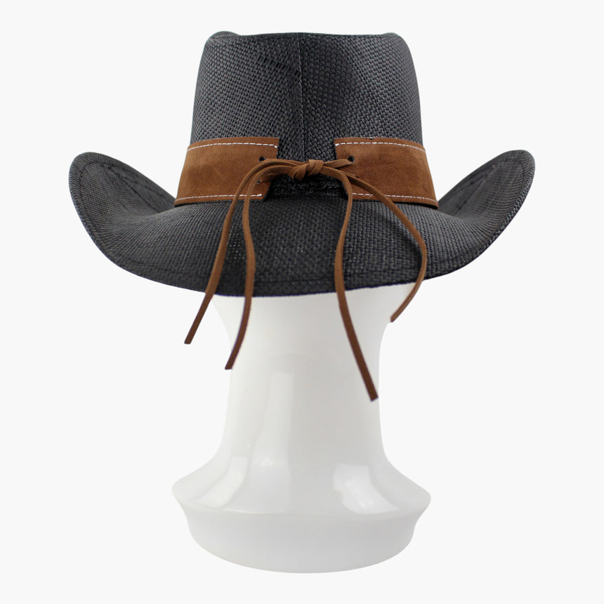 Scrolled-Concho Straw Western hat, back view showing the white stitching and the knotted cord ties