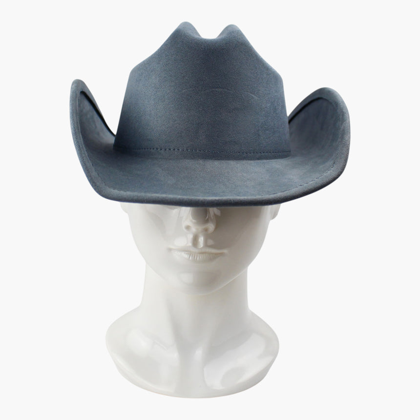 Slate-Blue Faux-Suede Western hat, front view showing the cattleman crease dent sunk between two peaks